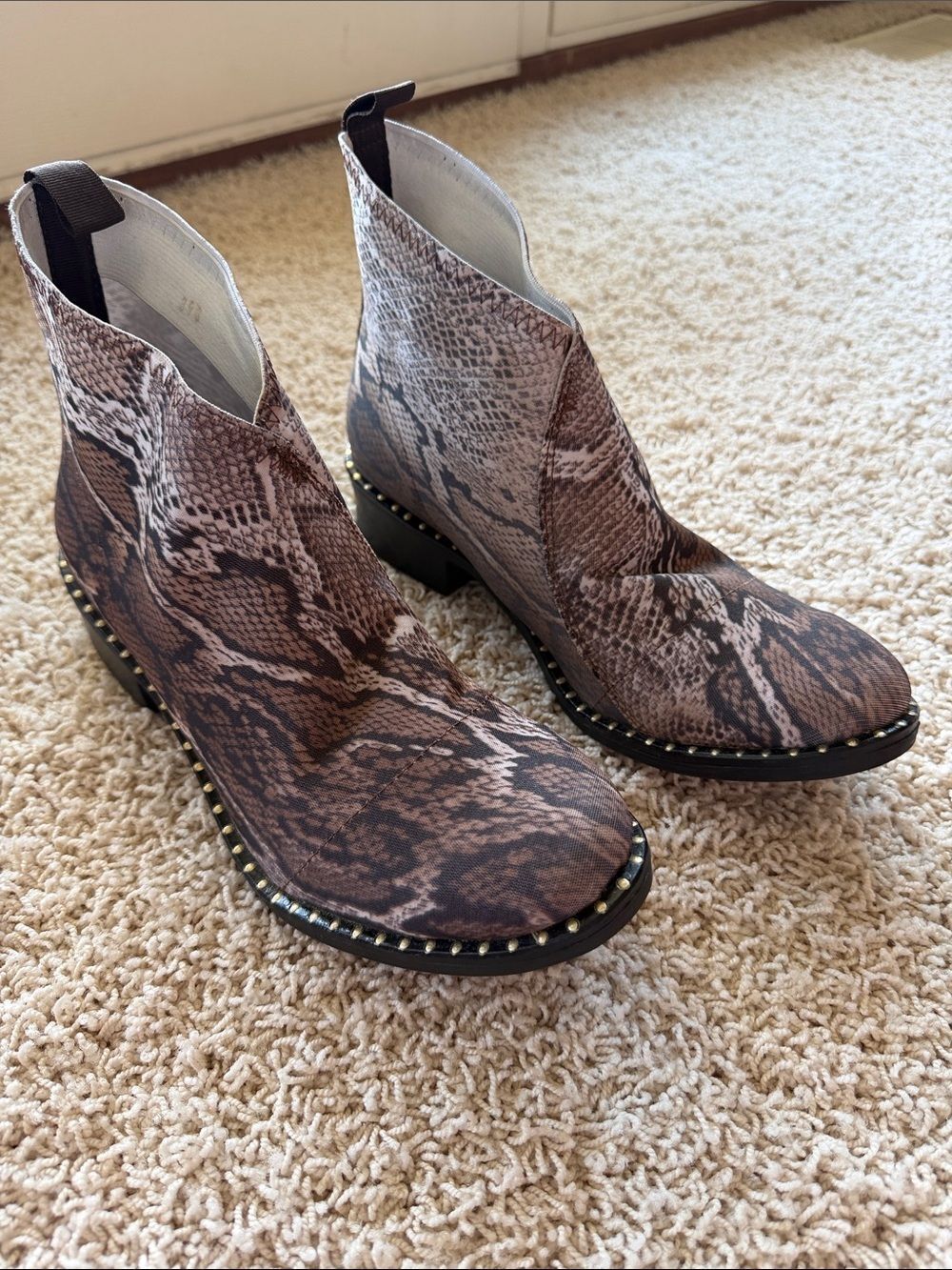 Pierre Dumas Snake-Print Ankle Booties in Brown and Black